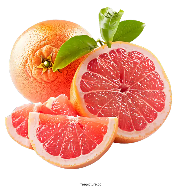 [Transparent Background PNG]Fresh Ripe Grapefruit Slices With Leaves