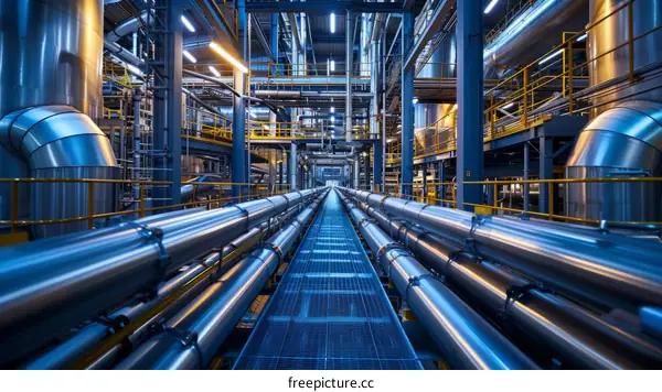 The maze of industrial pipelines and catwalks in a modern factory