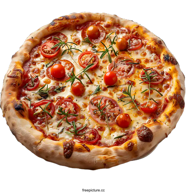 [Transparent Background PNG]Pizza with cherry tomatoes, mozzarella and rosemary