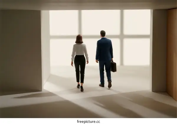 Two professionals walking towards a bright window in an office setting
