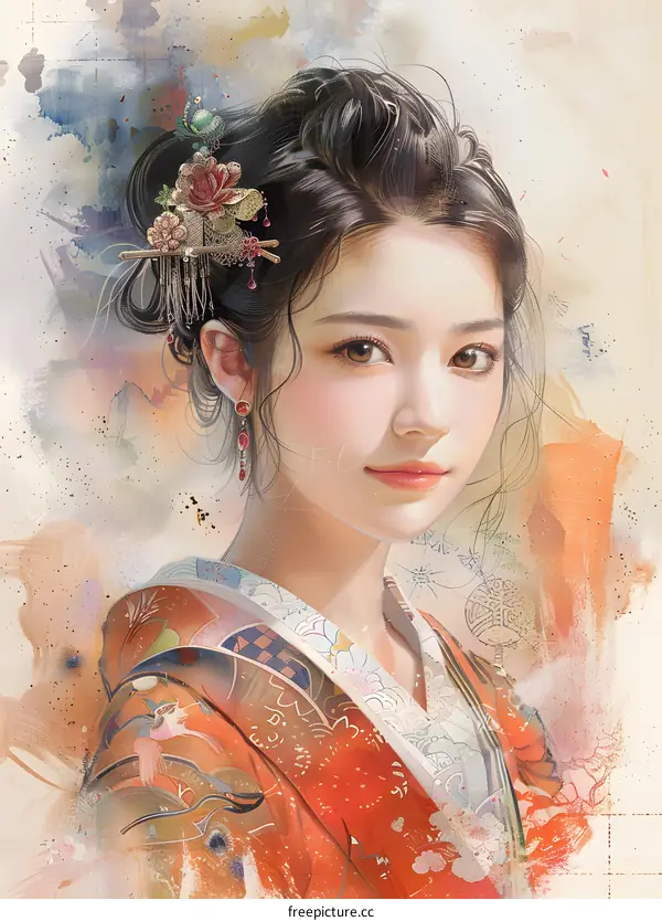 An illustration of a beautiful Asian woman in a kimono with a red and white background