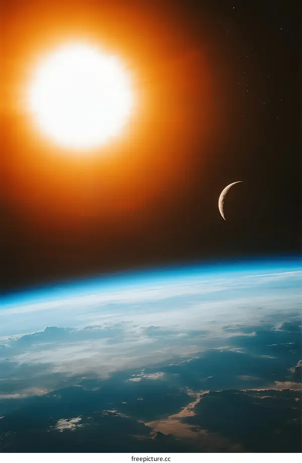 The Sun and Crescent Moon Over Earth's Atmosphere