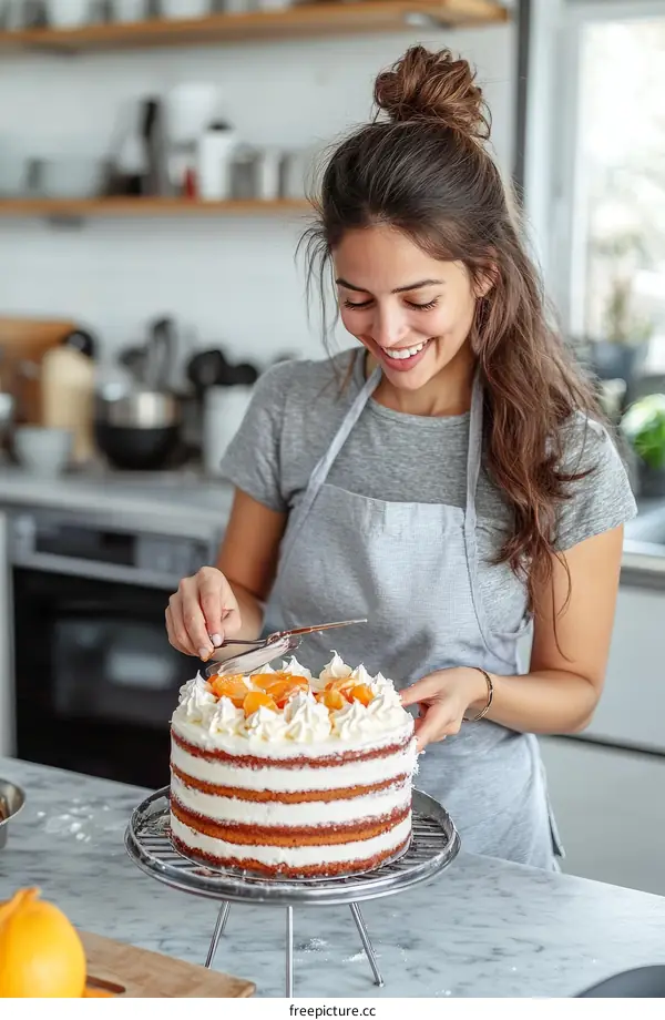 Woman Decorates a Beautiful Layer Cake in Kitchen