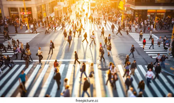 Crowded city street with people crossing the road at a crosswalk in the middle of tall buildings during the day