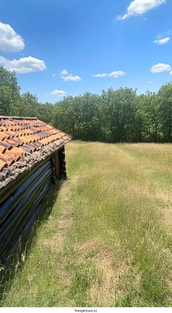 Open Field with Historic Wooden Structure and Clay Roof