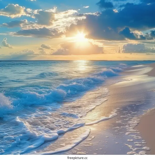 Beach sunset with white sand and blue water