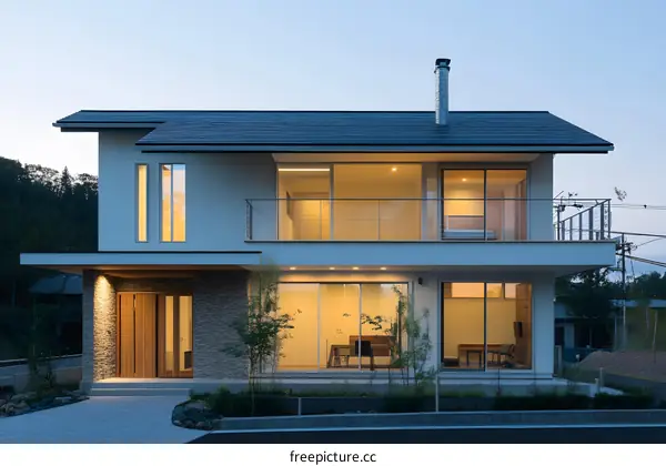 Modern Two Story House with Large Windows and Balcony