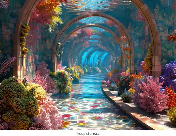 Underwater Tunnel with Coral Reefs and Colorful Fish