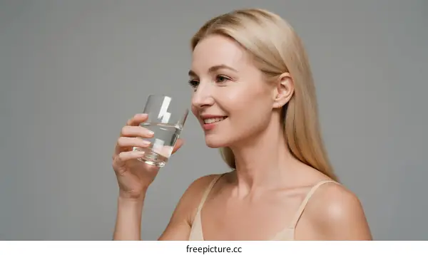 A Young Woman Drinking Clear Water Against Gray Background