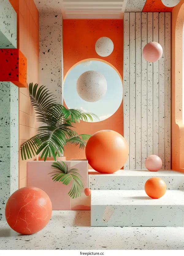 3d rendering of balls in a room with a large window