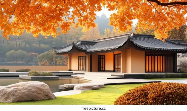 Autumnal Chinese Architecture in a Tranquil Garden Setting