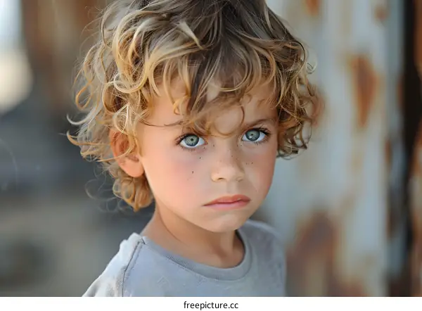 Portrait of a boy with curly blond hair and blue eyes