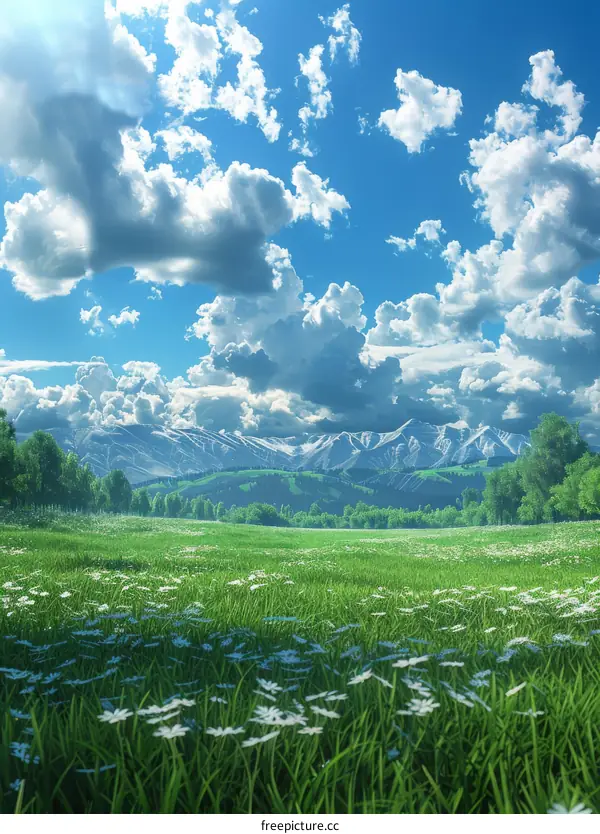 A verdant meadow extends to meet a distant mountain range under a cerulean sky dotted with clouds.