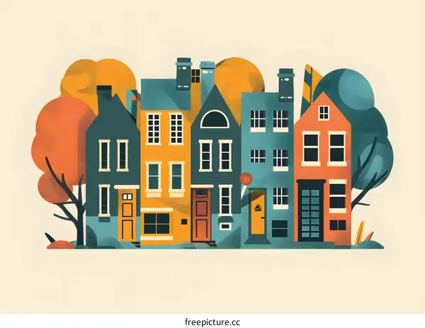 Colorful Illustration of Row of Houses