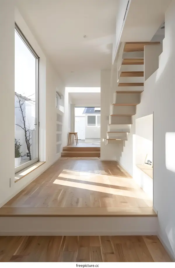 Modern Minimalist White Hallway With Wooden Floor And Stairs