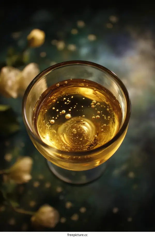 Golden Drink in a Wine Glass Close-up
