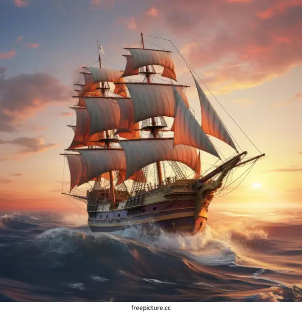 A majestic tall ship sails through the high seas at sunset