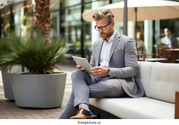 Businessman in suit using tablet computer while sitting on sofa in outdoor seating area