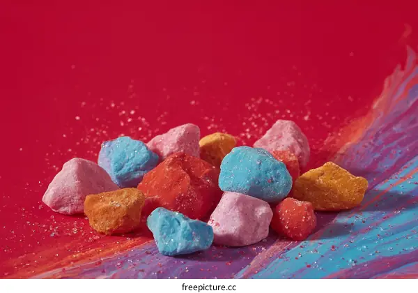 Colorful Painted Rocks on Red Background