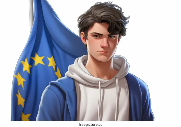 Portrait of a Man Holding a Flag of the European Union