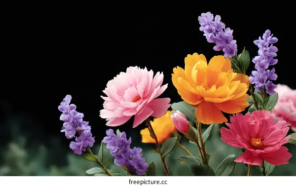 Colorful Flower Arrangement Against Black Background