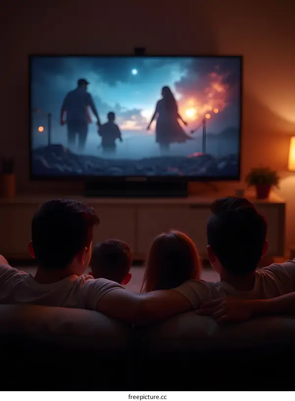 Family Watching TV in a Cozy Living Room
