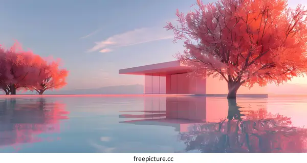 pink house with pink cherry blossom trees by the water