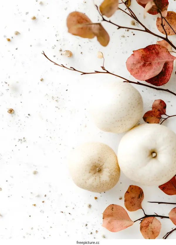 White Pears and Autumn Leaves on White Background