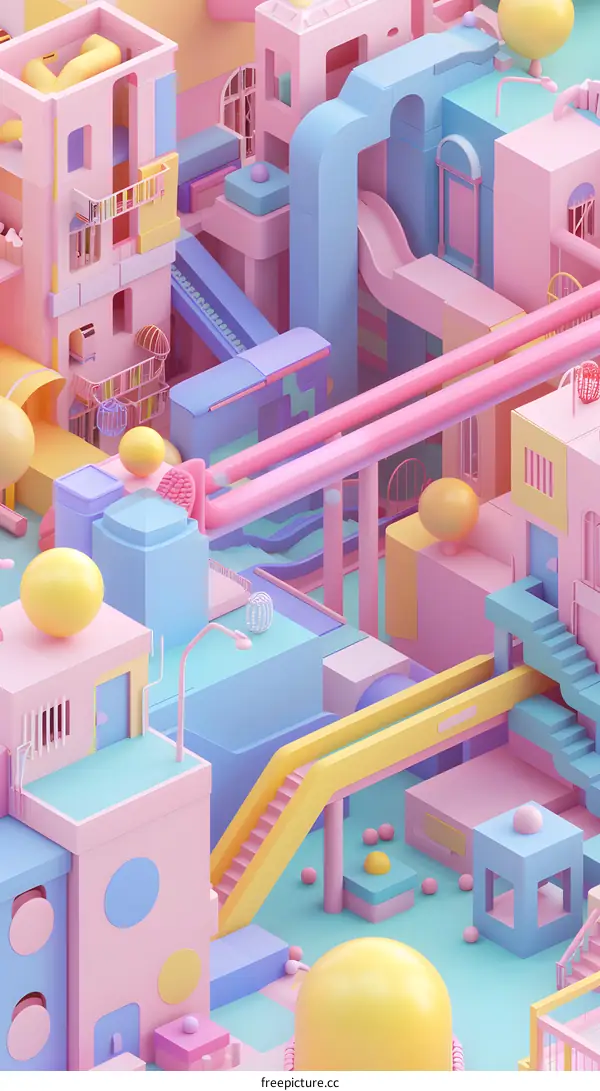 Abstract Cityscape with Colorful Buildings and Spheres