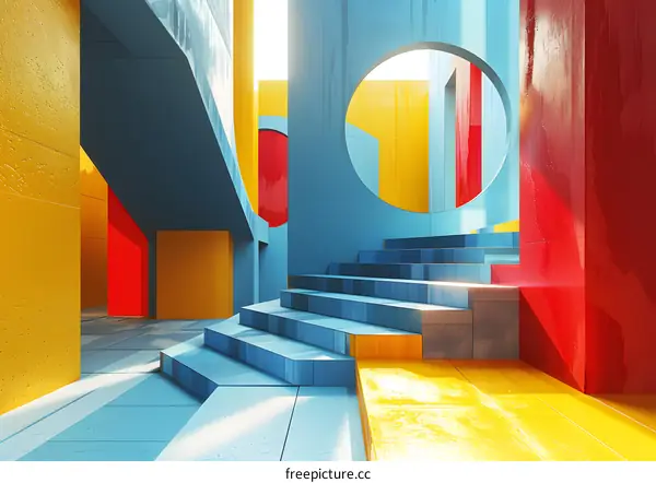 Blue and orange geometric shapes form an abstract room with stairs.
