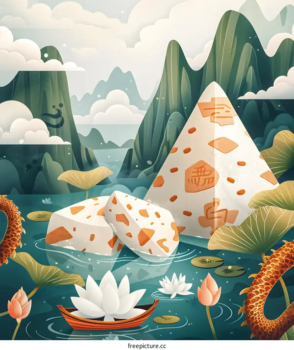 A dragon flies over a pyramid-shaped rice dumpling floating in a lake surrounded by mountains
