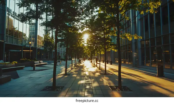 Sun Shining Through Trees in City Alleyway