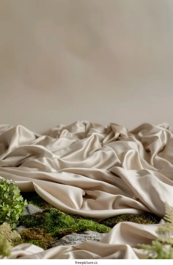 Beige Silk Fabric Draped Over Green Moss and Rocks