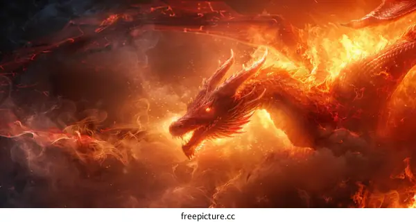 A Crimson Dragon Soars Through the Sky, Breathing Fiery Flames
