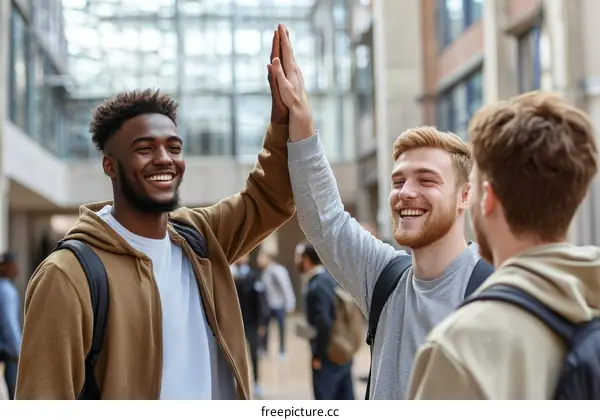Three Diverse Students High-Fiving Outdoors
