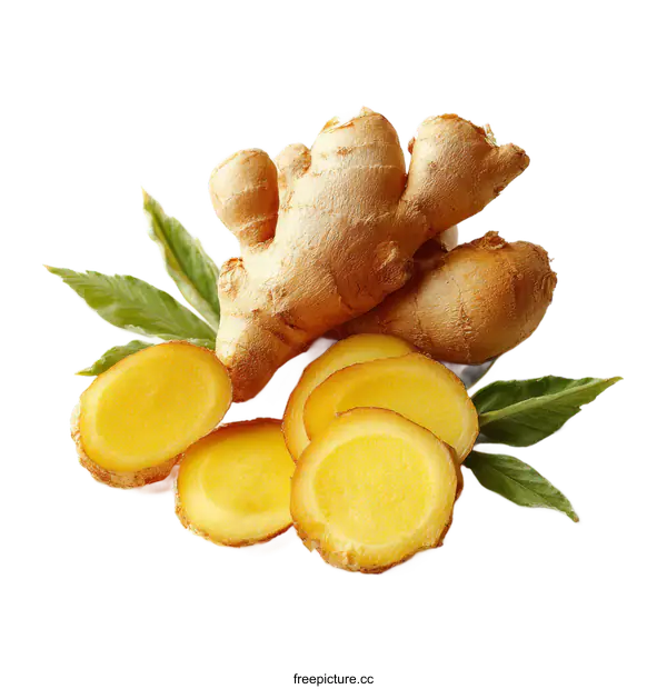 [Transparent Background PNG]Fresh Ginger Root and Slices Studio Shot
