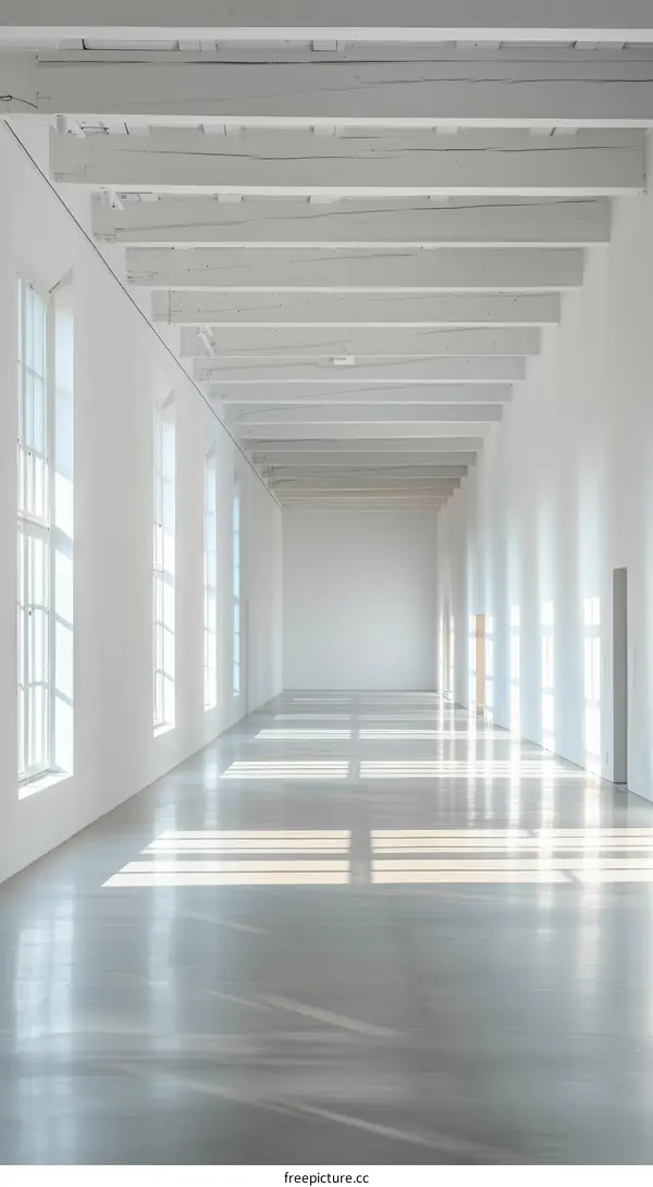 Large empty white room with large windows on one side