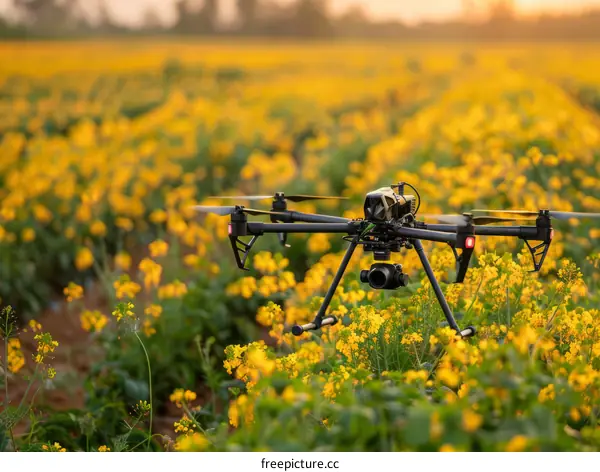 A drone is flying over a field of yellow flowers