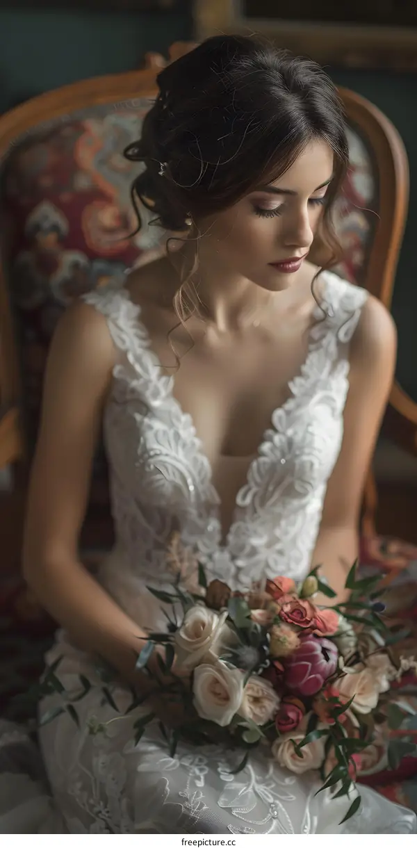 The bride is sitting on a chair holding a bouquet of flowers