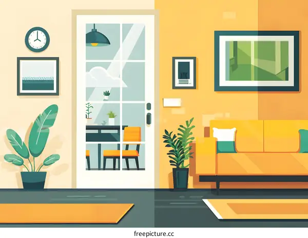 Living Room Interior Design with Yellow Sofa and Plants