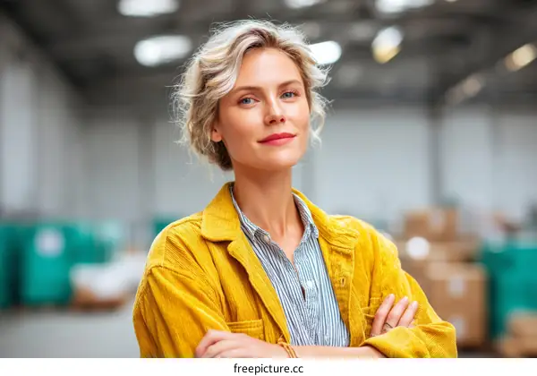 Confident Caucasian Woman in Warehouse Setting