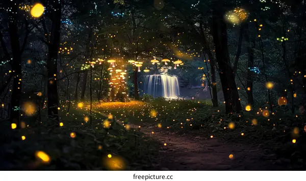 Glowing Mushrooms and Fireflies in an Enchanting Moonlit Forest