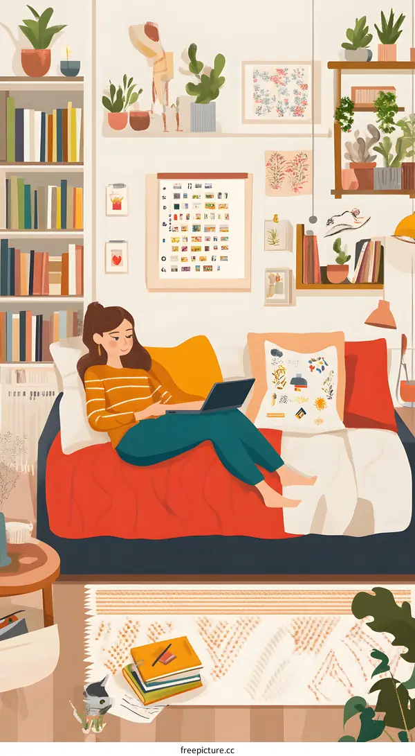 Woman relaxing on the couch and using a laptop, with a cat sitting on the floor, illustration