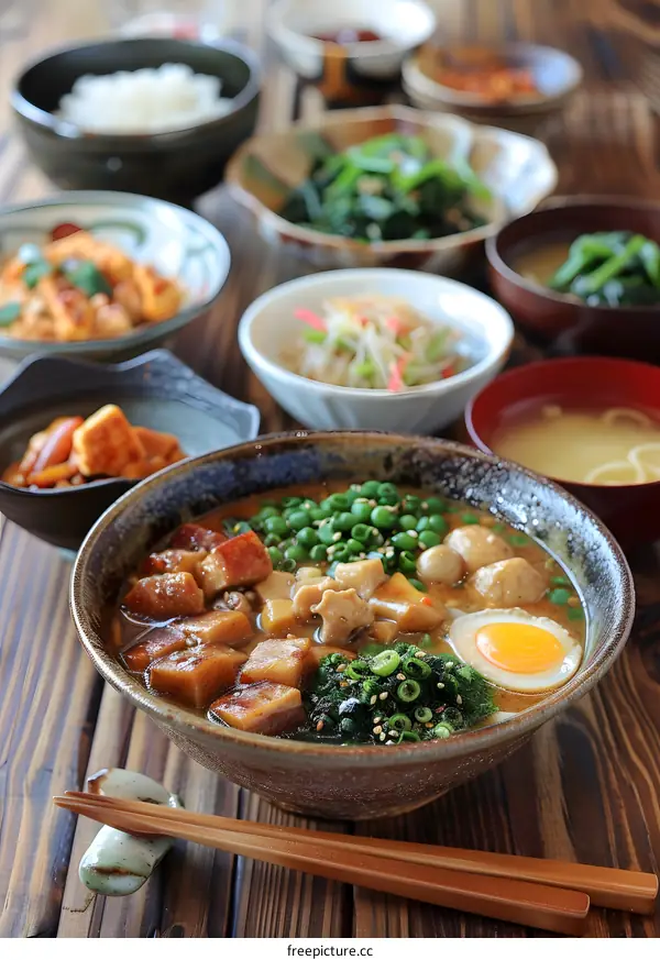 Japanese Cuisine with Noodles, Meat, and Egg