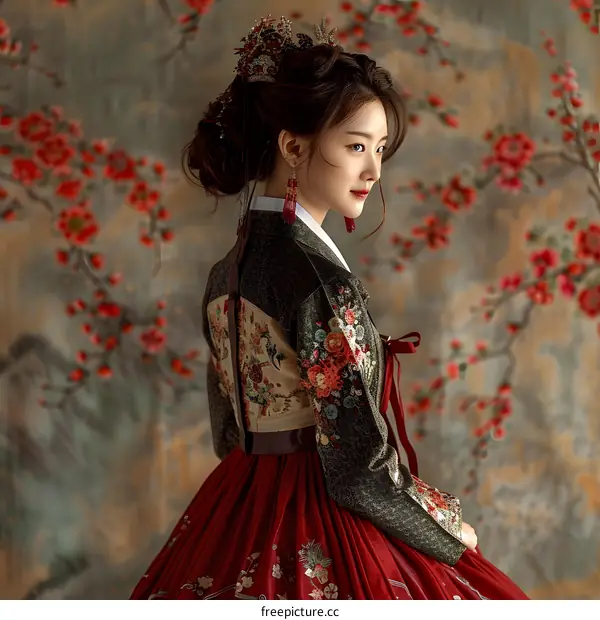 A Korean woman wearing a traditional Korean dress