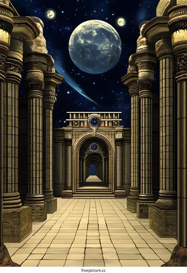 Fantasy Architecture With Columns and Archways Under a Night Sky With Stars and Moons