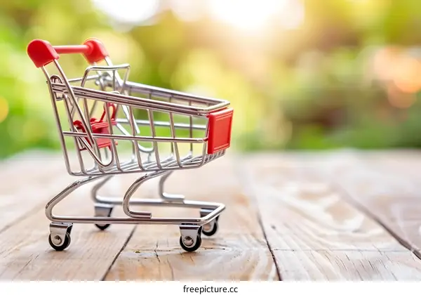Small Red Shopping Cart on Wooden Table with Green Blurred Background