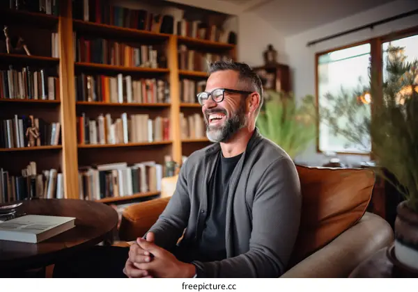 Bearded man in glasses sitting on couch in home library laughing