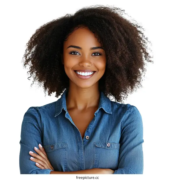 Smiling Woman with Curly Hair in Denim Shirt