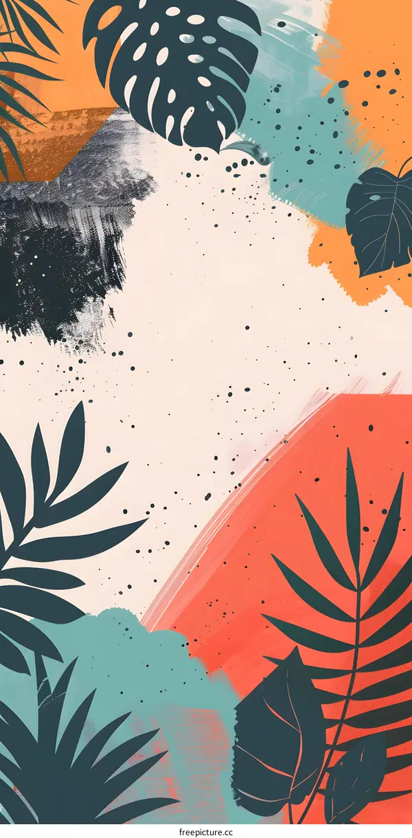 Abstract Tropical Palm Leaves and Brushstrokes Background